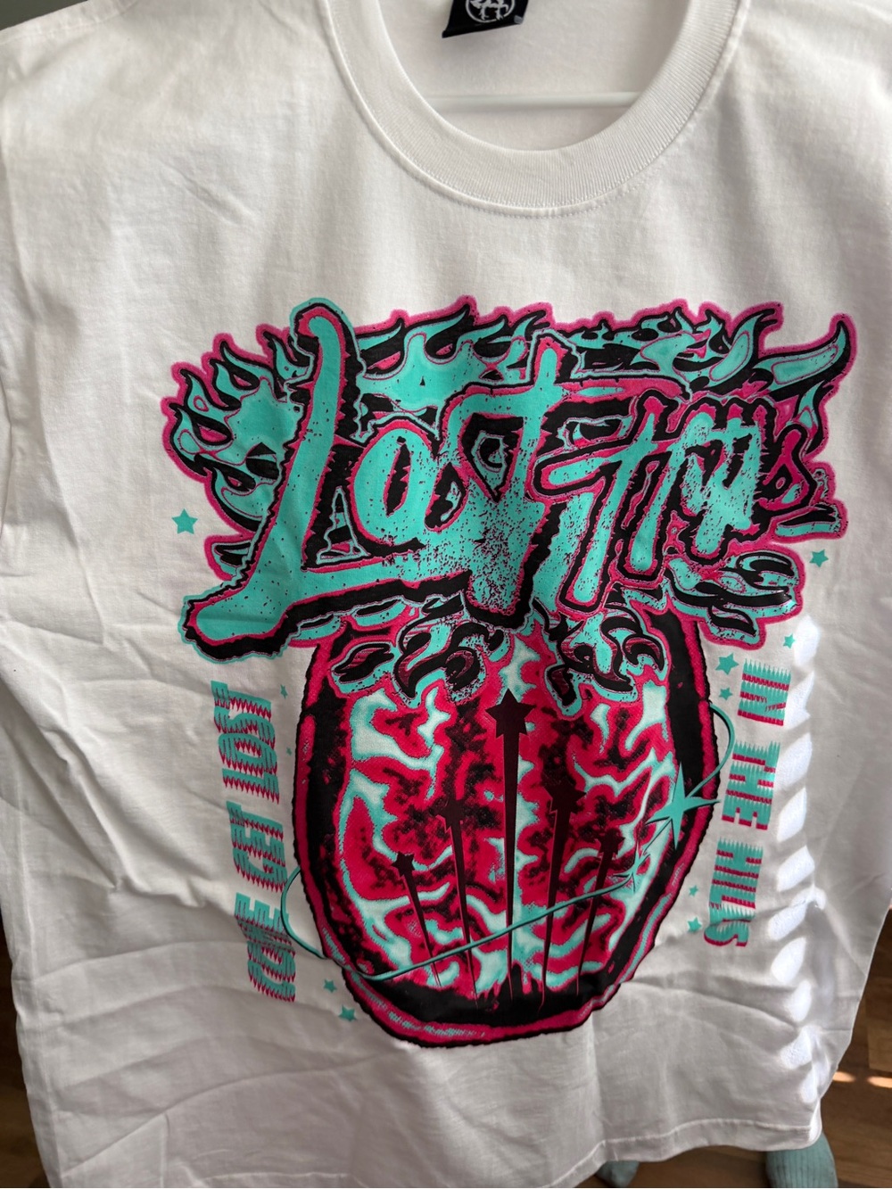 Men’s Graphic Short Sleeve Tee - White with Teal & Pink Print